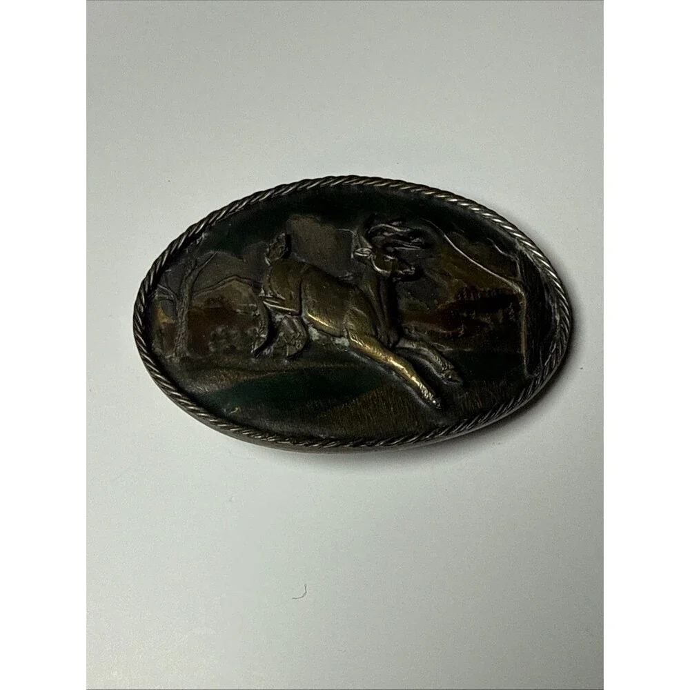 The Great American Buckle Co Vintage Enamel Leaping Buck Deer Belt Buckle 1980